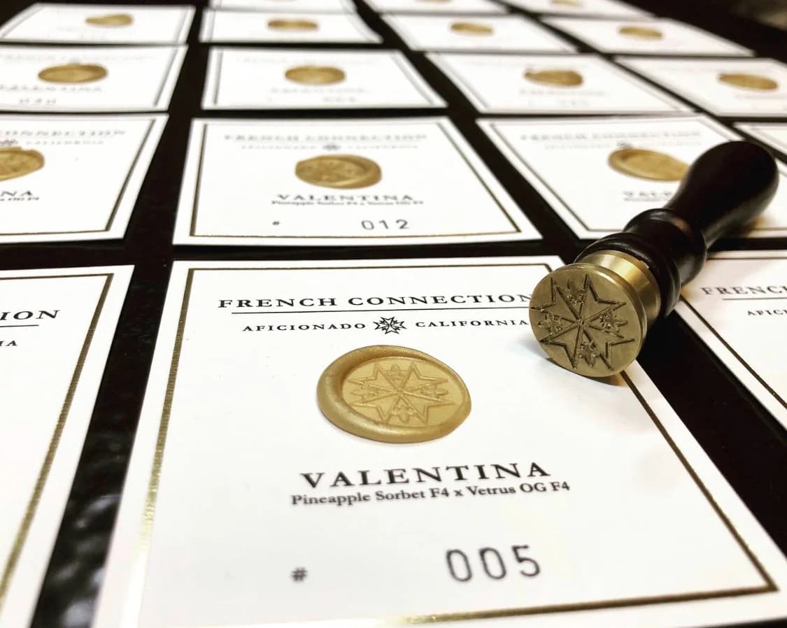 Etiquetas de French Connection selladas con lacre dorado